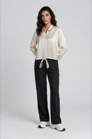 Drawstring Cropped Blouse - Cream
