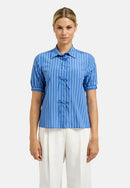 Short Sleeve Bow Blouse - Blue Print