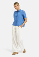Short Sleeve Bow Blouse - Blue Print