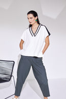 Knit Trim V Neck Top - Chive