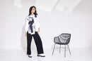 Cutaway Hem Print Panel Shirt - White/black