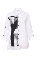 Cutaway Hem Print Panel Shirt - White/black
