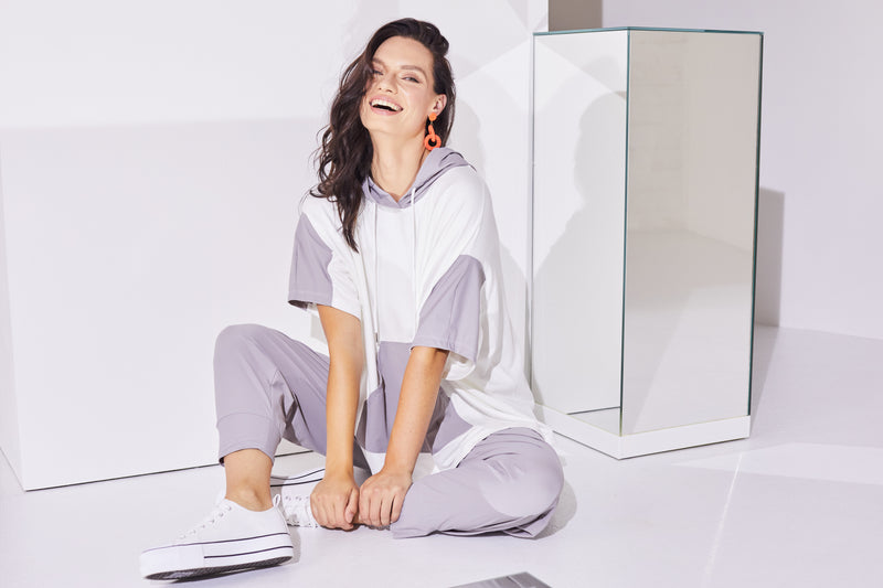 Contrast Colour Panels Hoodie - Cream/mink