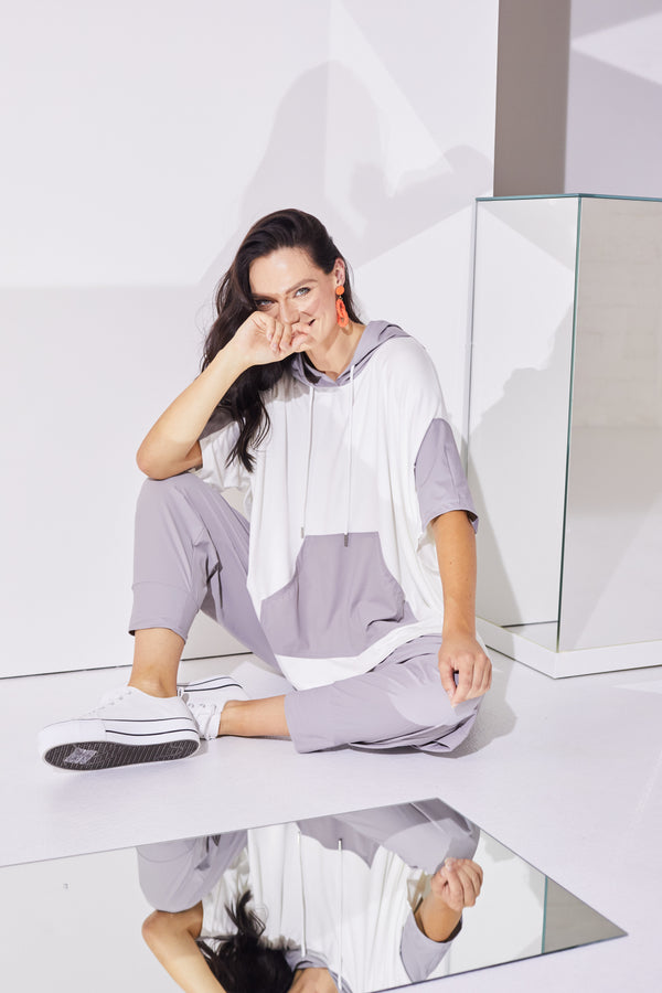 Contrast Colour Panels Hoodie - Cream/mink