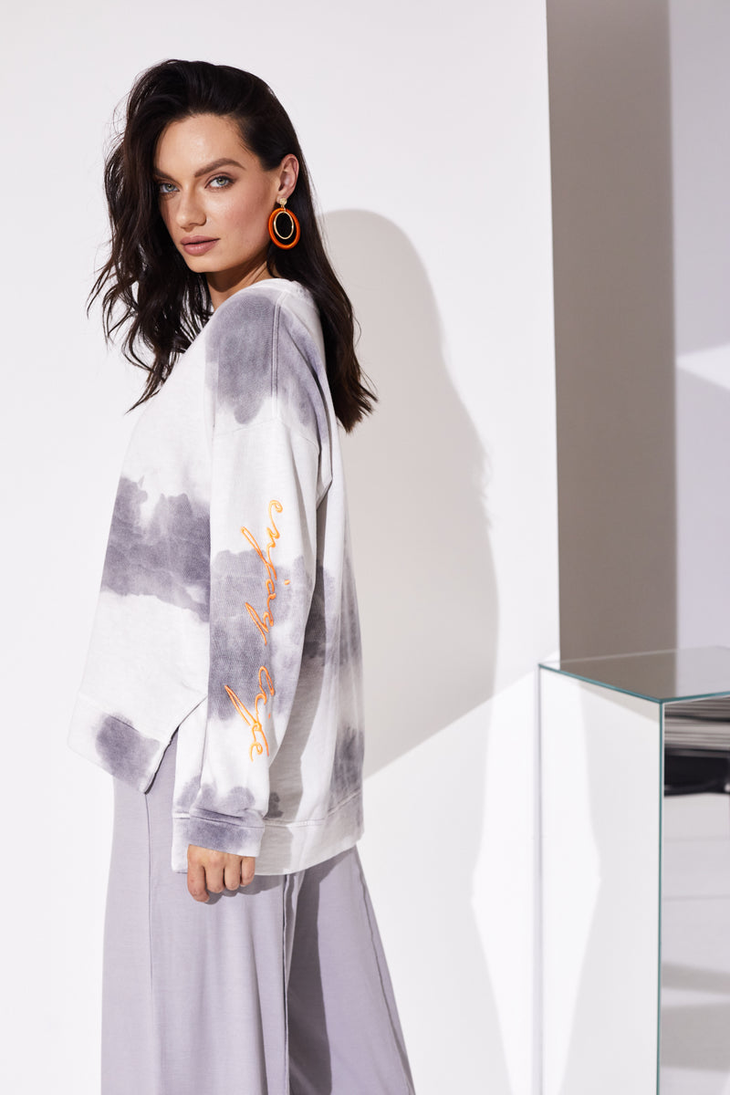 Embroidered Slv Tie Dye Sweatshirt - Mink