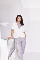 Jersey Zip Detail Top - Cream/mink