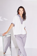 Jersey Zip Detail Top - Cream/mink