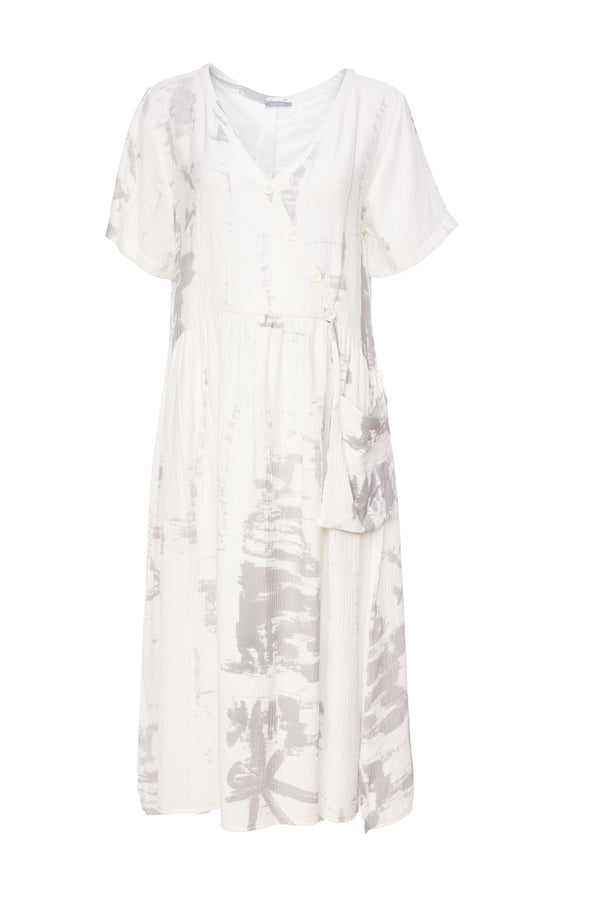 Mock Pocket Print Dress - White/mink