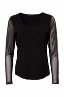 Mesh Sleeve Jersey Round Neck Top - Black