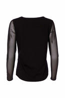 Mesh Sleeve Jersey Round Neck Top - Black