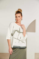 Contast Hem panel Placement Print Top - White/army