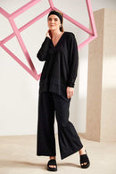 Seam Detail Wide Leg Flared Trouser - Black