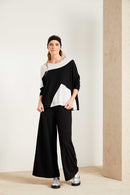 Contrast Panels Round Neck Top - Offwhite/navy