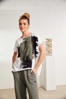 Brush Stroke Print Round Neck Top - White/army