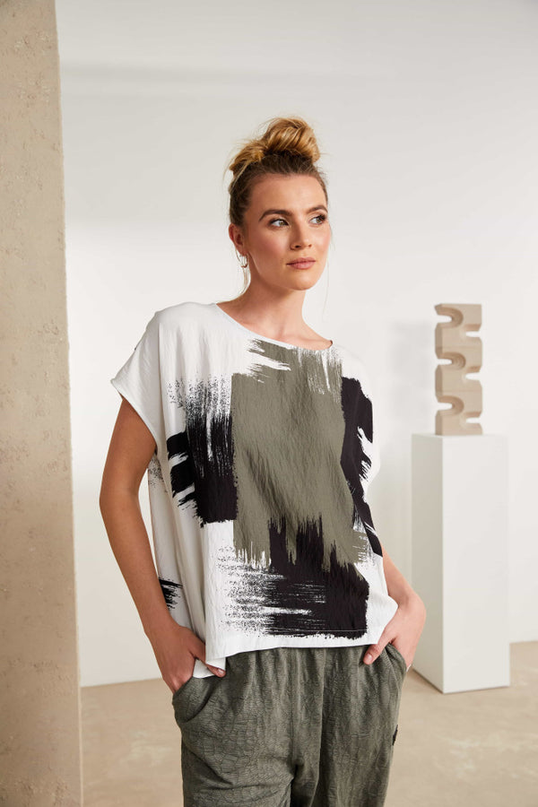 Brush Stroke Print Round Neck Top - White/army