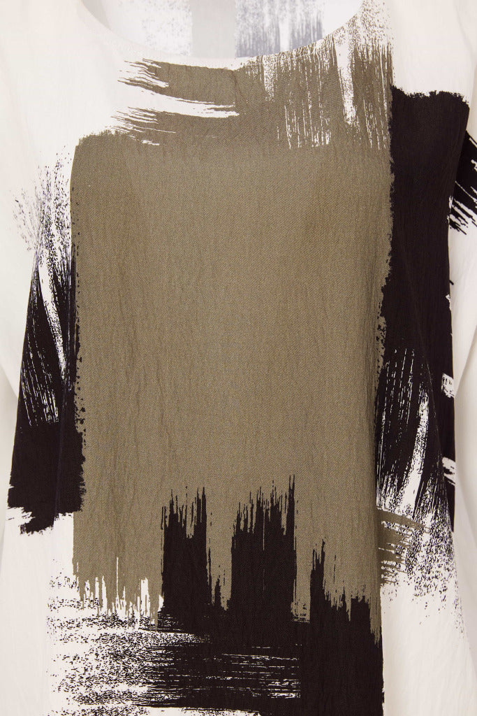 Brush Stroke Print Round Neck Top - White/army