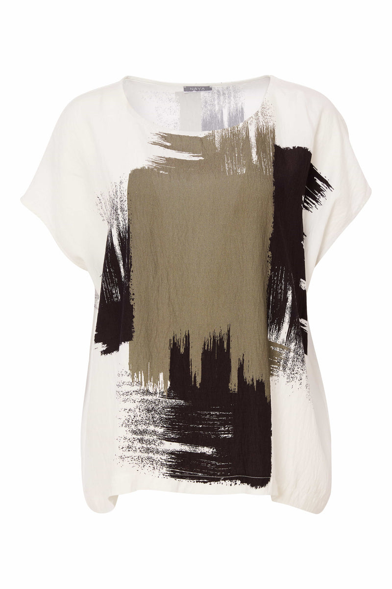 Brush Stroke Print Round Neck Top - White/army