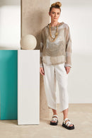 Funnel Neck Block Mesh Print Top - Fudge/cream