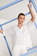 Ruched Pocket Detail V Neck Top - White/artic Blue