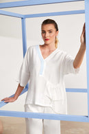 Ruched Pocket Detail V Neck Top - White/artic Blue