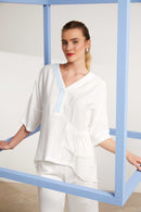 Ruched Pocket Detail V Neck Top - White/artic Blue