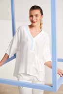 Ruched Pocket Detail V Neck Top - White/artic Blue