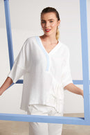 Ruched Pocket Detail V Neck Top - White/artic Blue