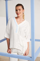 Ruched Pocket Detail V Neck Top - White/artic Blue