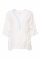 Ruched Pocket Detail V Neck Top - White/artic Blue