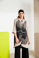 Spray Border Print Long Line Shirt - Taupe/black