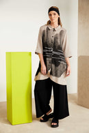 Spray Border Print Long Line Shirt - Taupe/black