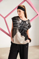 Print Round Neck Sleeveless Top - Taupe/black