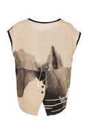Print Round Neck Sleeveless Top - Taupe/black
