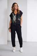 Curved Hem Brush Stroke Print Blouse - Black/glas