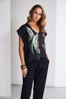 Curved Hem Brush Stroke Print Blouse - Black/glas