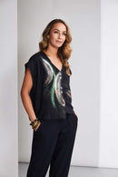 Curved Hem Brush Stroke Print Blouse - Black/glas