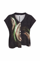 Curved Hem Brush Stroke Print Blouse - Black/glas