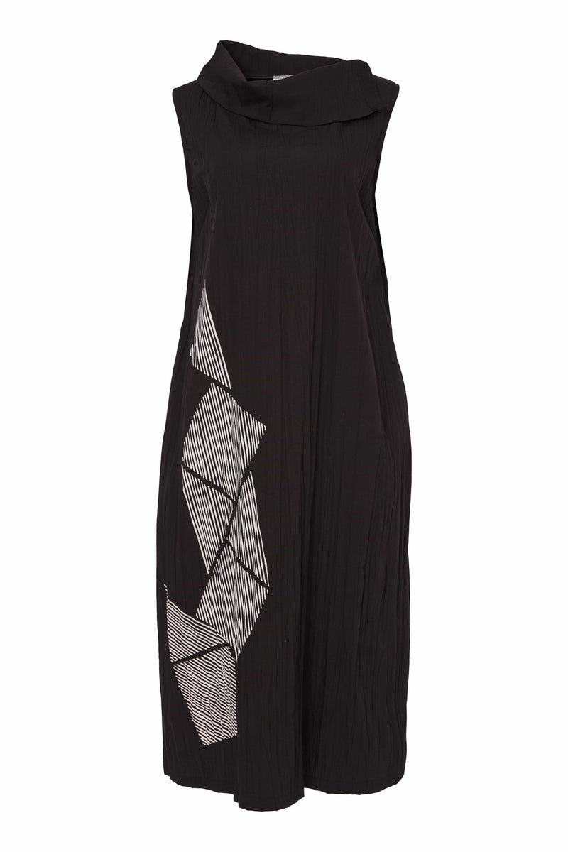 Cut Away Collar Crinkle Print Dress - Black/white