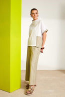 Contrast Cuff High Neck Crinkle Top - White/biscuit