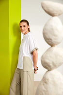 Contrast Cuff High Neck Crinkle Top - White/biscuit