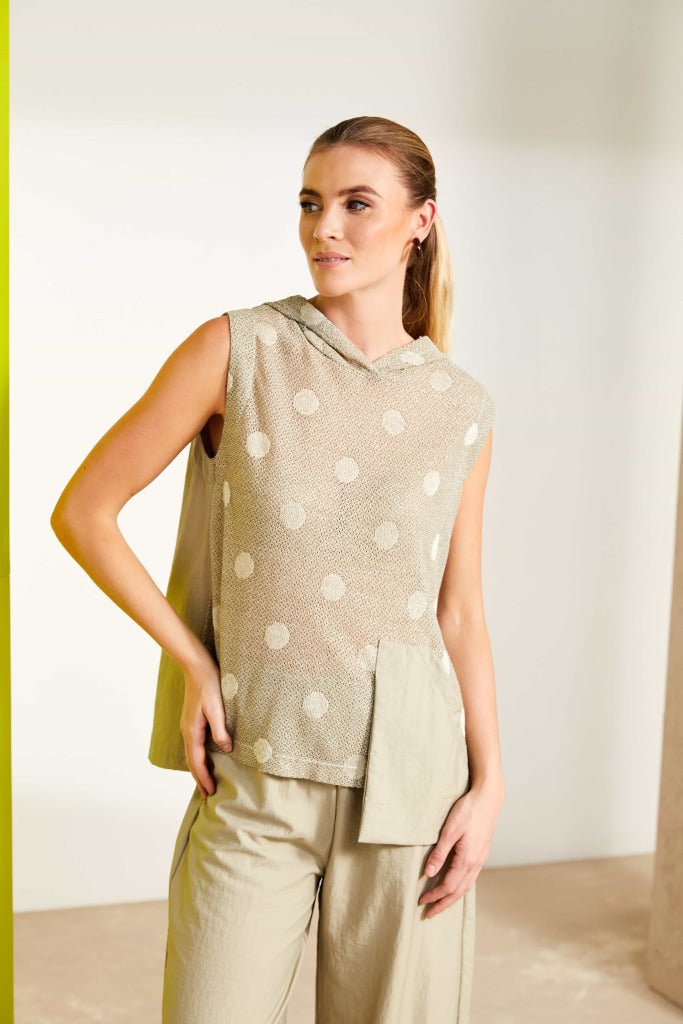 Lurex Spot Knit Panel Hooded Top - Biscuit