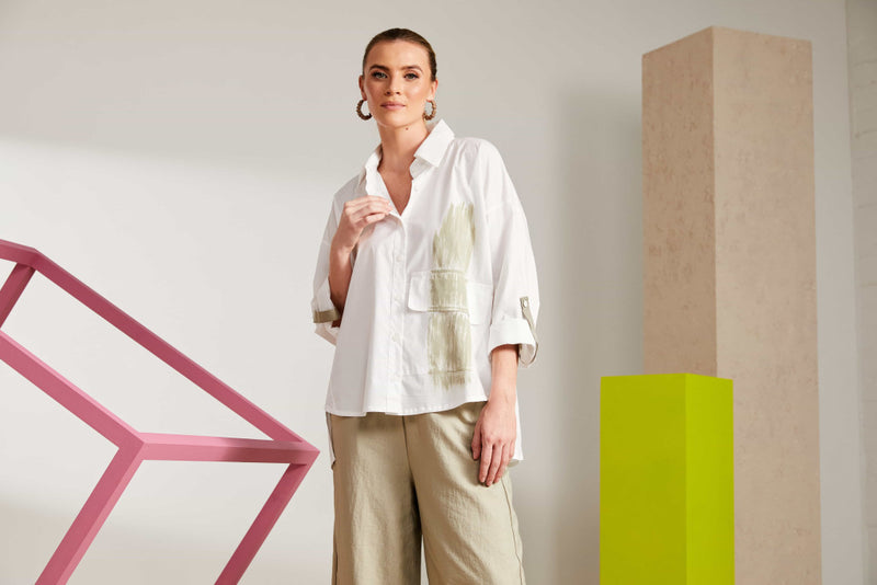 Brush Stroke Placement Print Shirt - White/biscuit