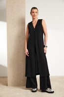 Wide Leg Drawstring Crinkle Trouser - Black