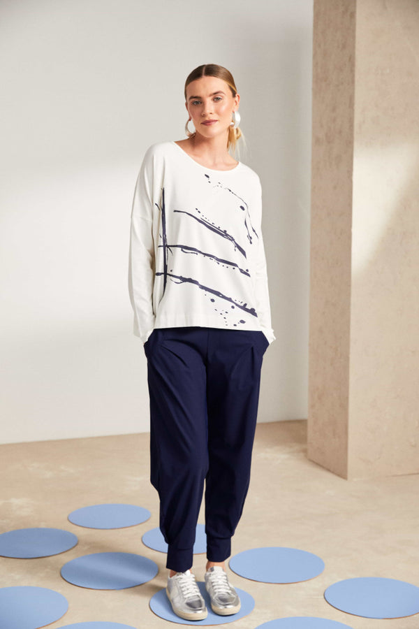 Brush Stroke Placement Print Top - Offwhite/navy