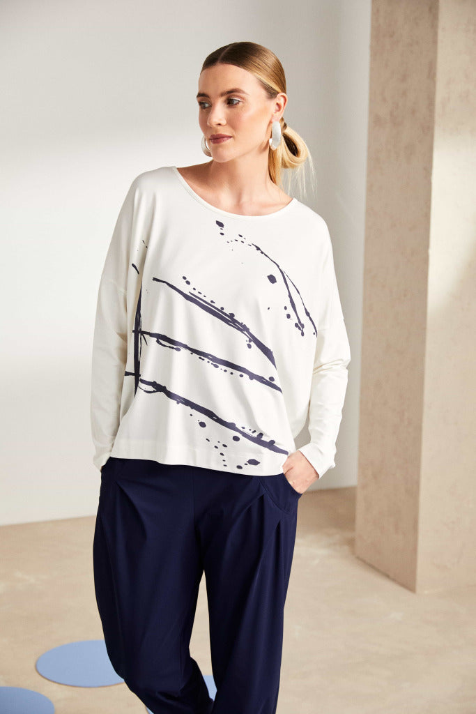 Brush Stroke Placement Print Top - Offwhite/navy