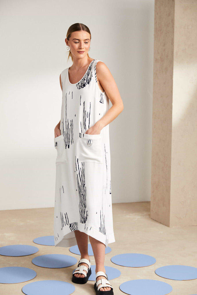 Scratch Print Round Neck Dress - White/french Blue