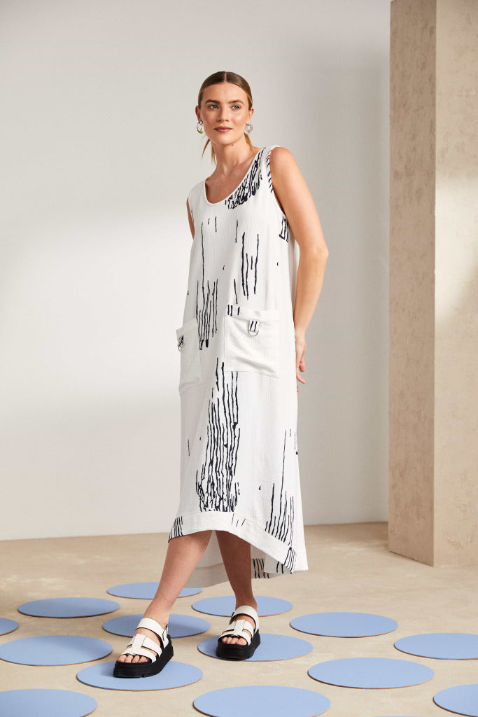Scratch Print Round Neck Dress - White/french Blue