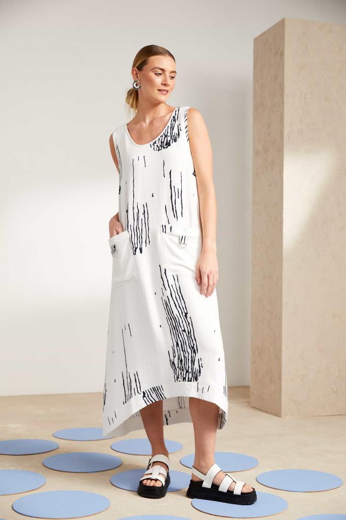 Scratch Print Round Neck Dress - White/french Blue