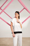 Contrast Pocket And Neckline Top - Sand/offwhite