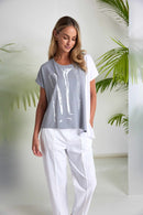 Placement Print Angle Hem Top - Dove/white